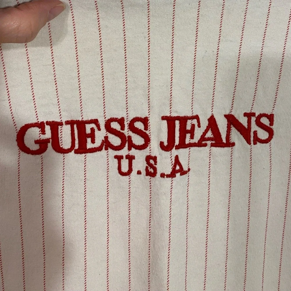 90s Guess Jeans USA MADE Red Pinstripe Long Sleeve Tee Vintage Boy’s Large